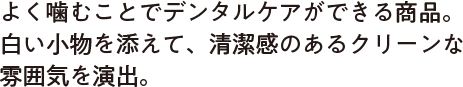 よく嚙むことでデンタルケアができる商品。白い小物を添えて、清潔感のあるクリーンな雰囲気を演出。