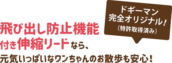 ドギーマン完全オリジナル(特許取得済み)飛び出し防止機能付き伸縮リードなら、元気いっぱいなワンちゃんのお散歩も安心！