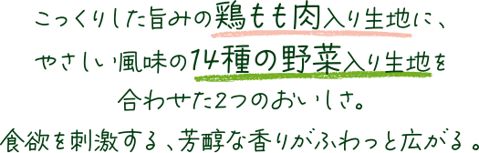 こっくりした旨みの鶏もも肉入り生地に、やさしい風味の14種の野菜入り生地を合わせた2つのおいしさ。食欲を刺激する、芳醇な香りがふわっと広がる。