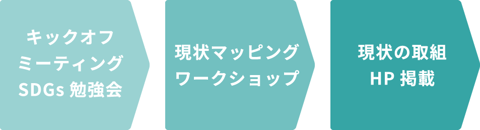 キックオフミーティングSDGs勉強会→現状マッピングワークショップ→現状の取組HP掲載