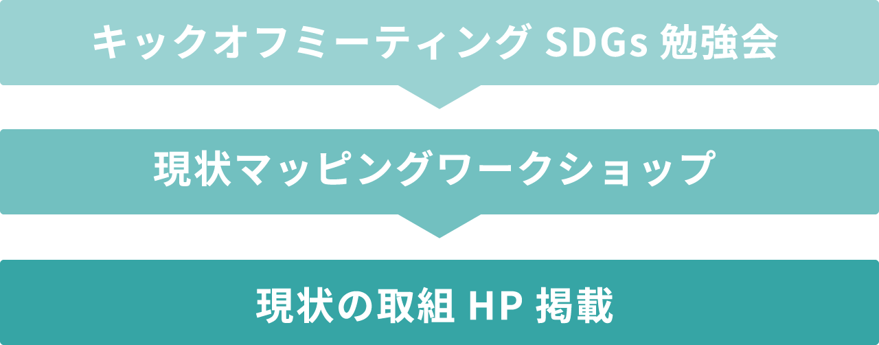 キックオフミーティングSDGs勉強会→現状マッピングワークショップ→現状の取組HP掲載